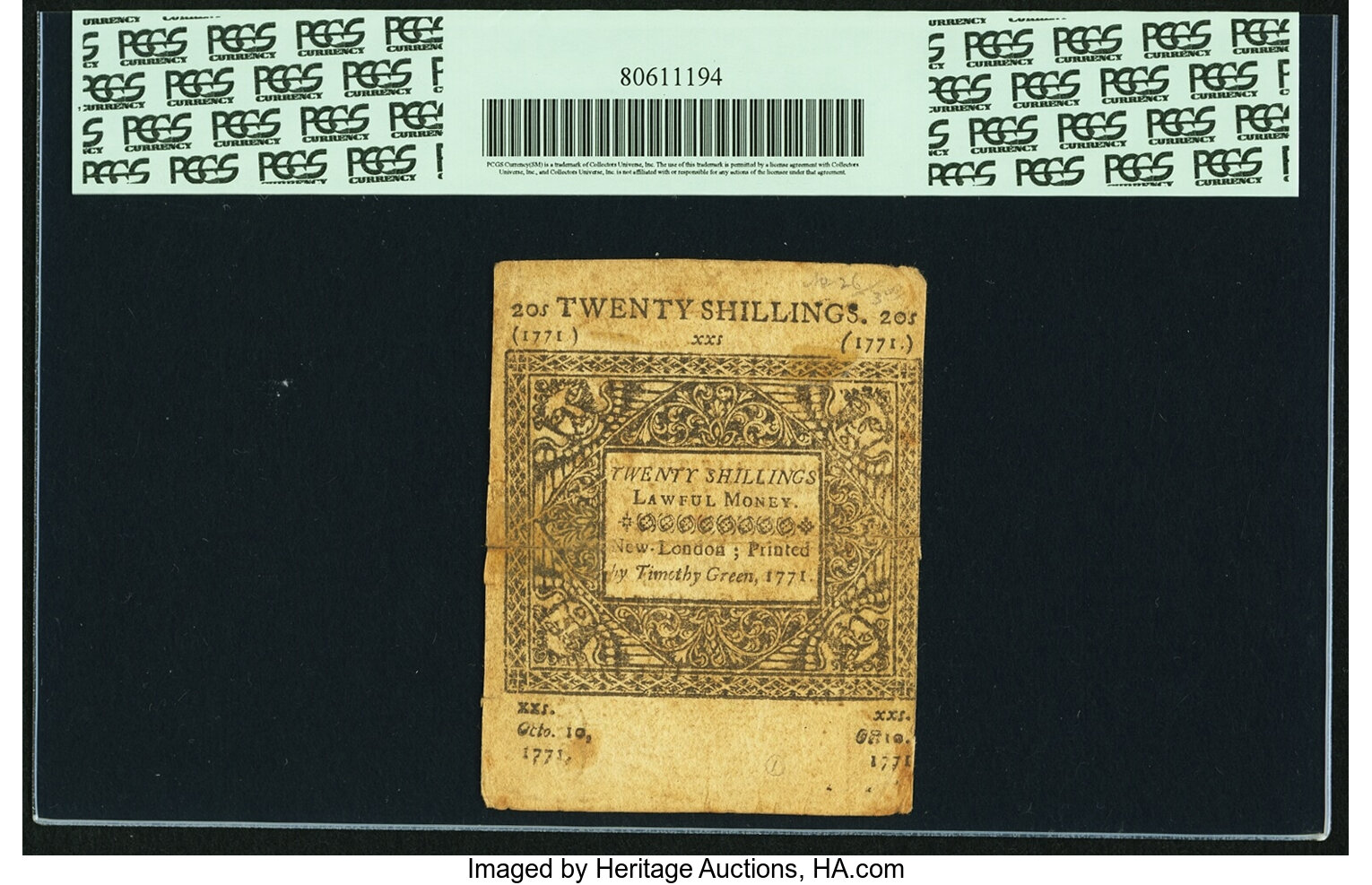 image for: Colony of Connecticut October 10, 1771 20 Shillings Fr. CT-167. PCGS Very Fine 30 Apparent....