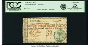 image for: Georgia 1777 No Resolution Date $15 Millstone on Palm Tree Fr. GA-92. PCGS Very Fine 25 Apparent....