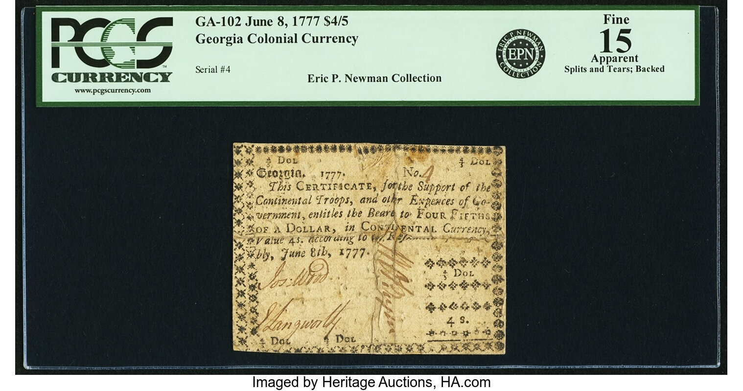 image for: Georgia June 8, 1777 $4/5 Fr. GA-102. PCGS Fine 15 Apparent....