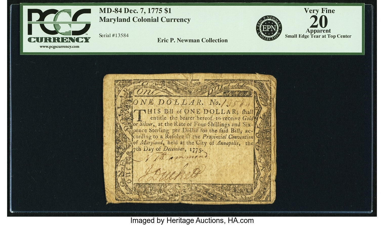 image for: Maryland December 7, 1775 $1 Fr. MD-84. PCGS Very Fine 20 Apparent....