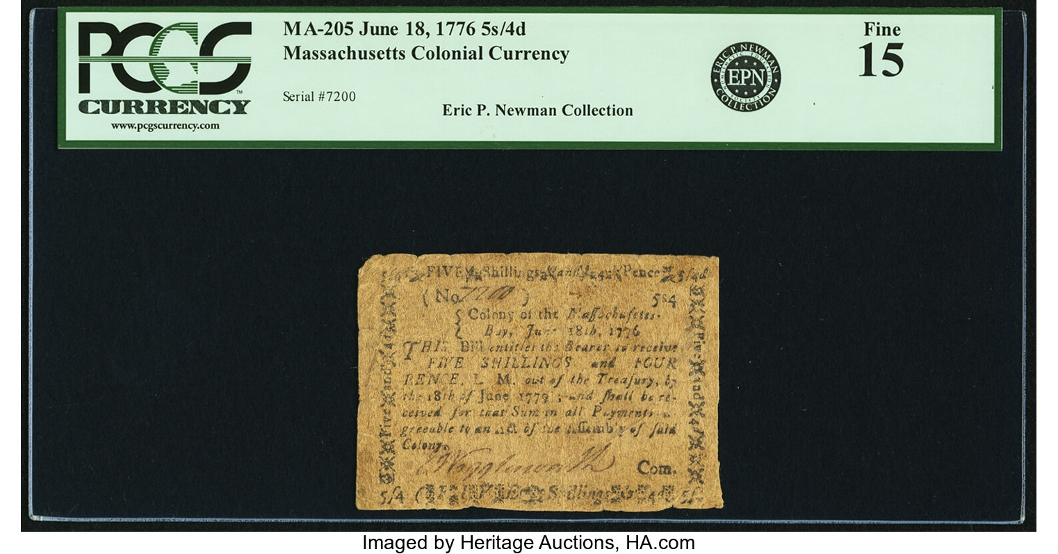 image for: Massachusetts June 18, 1776 5 Shillings 4 Pence Fr. MA-205. PCGS Fine 15....