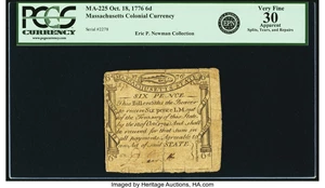 image for: Massachusetts October 18, 1776 6 Pence Fr. MA-225. PCGS Very Fine 30 Apparent....