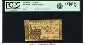 image for: New Jersey June 22, 1756 3 Shillings Fr. NJ-94. PCGS Choice New 63PPQ....