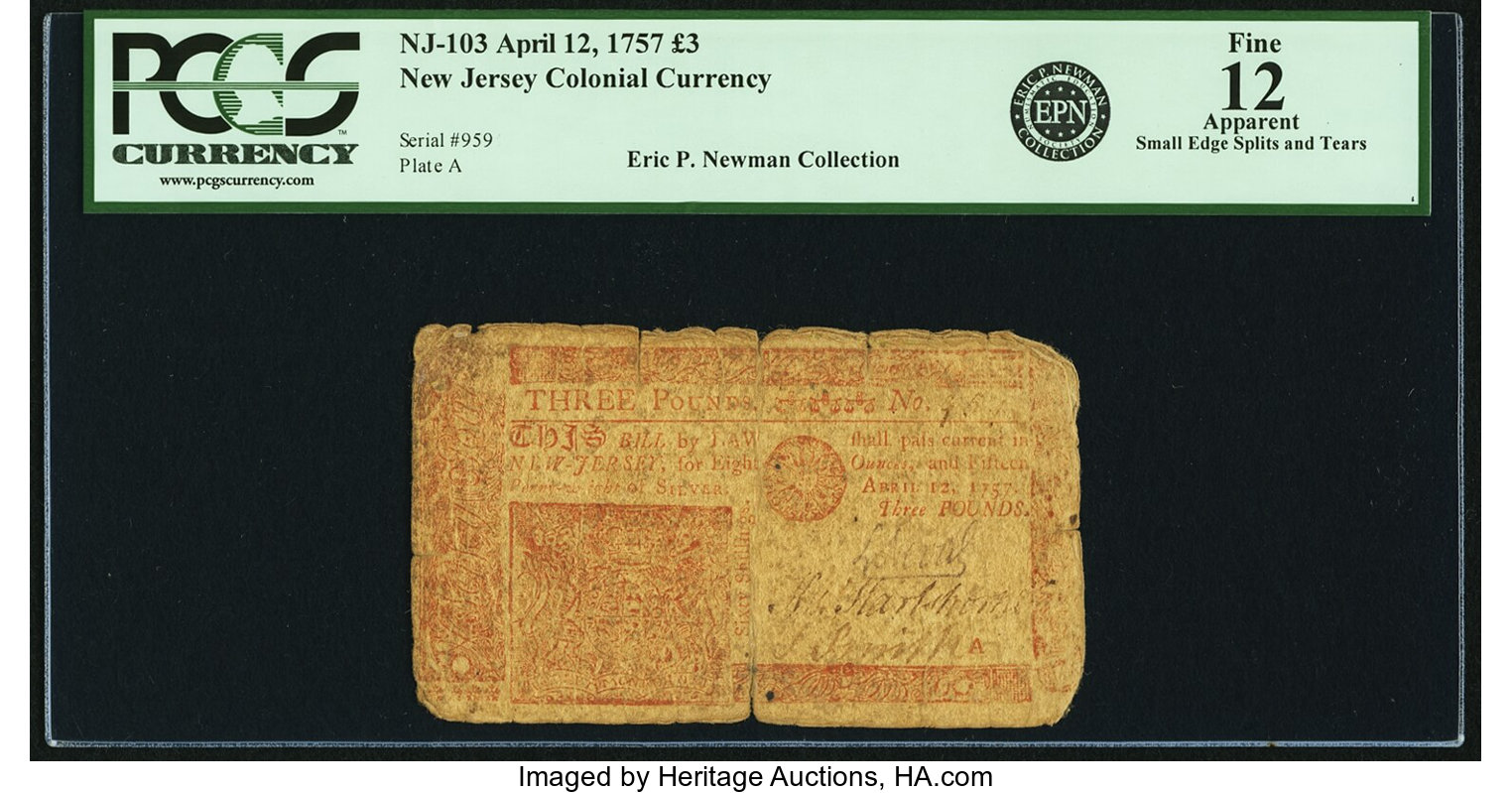 image for: New Jersey April 12, 1757 3 Pounds Fr. NJ-103. PCGS Fine 12 Apparent....