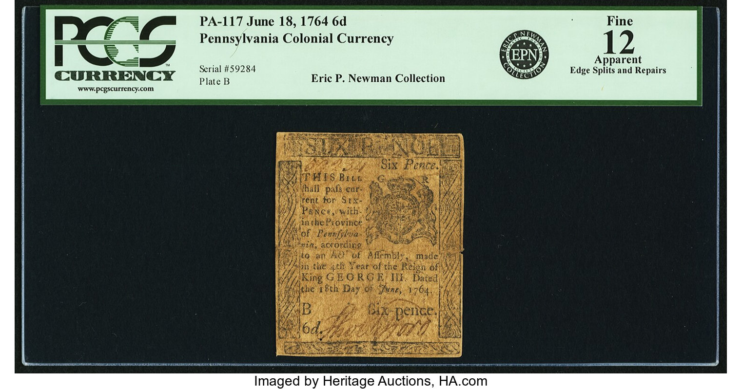 image for: Pennsylvania June 18, 1764 6 Pence Fr. PA-117. PCGS Fine 12 Apparent....