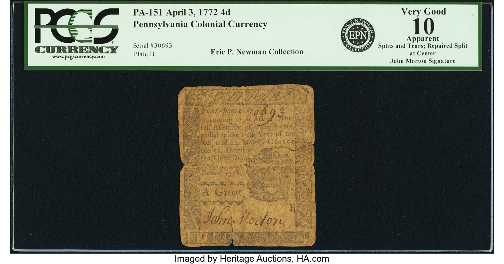 image for: Pennsylvania April 3, 1772 4 Pence John Morton Signature Fr. PA-151. PCGS Very Good 10 Apparent....