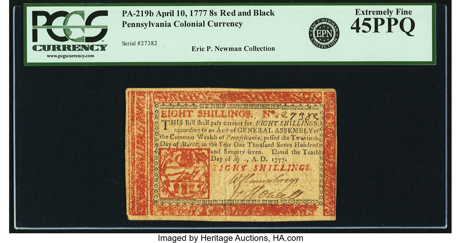image for: Pennsylvania April 10, 1777 8 Shillings Red and Black Fr. PA-219b. PCGS Extremely Fine 45PPQ....