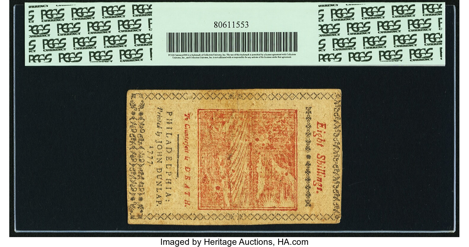 image for: Pennsylvania April 10, 1777 8 Shillings Red and Black Fr. PA-219b. PCGS Extremely Fine 45PPQ....