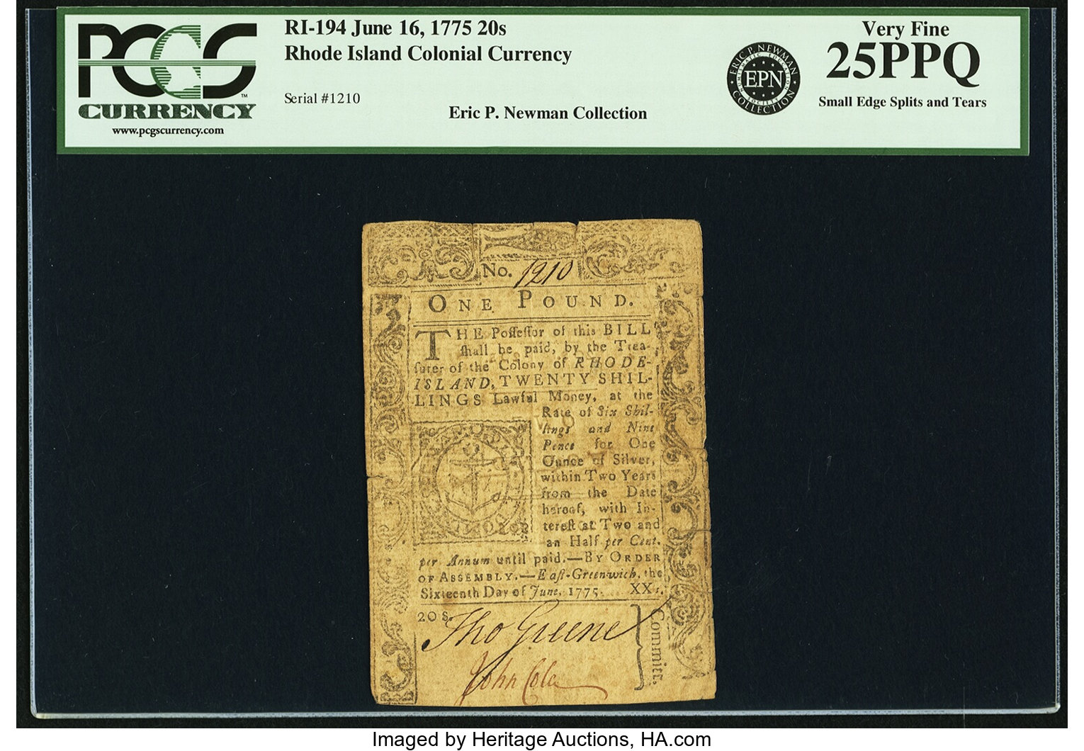 image for: Rhode Island June 16, 1775 20 Shillings Fr. RI-194. PCGS Very Fine 25PPQ....