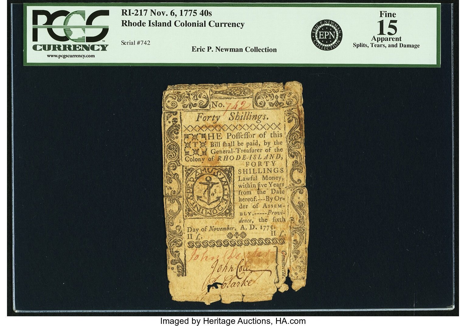 image for: Rhode Island November 6, 1775 40 Shillings Fr. RI-217. PCGS Fine 15 Apparent....