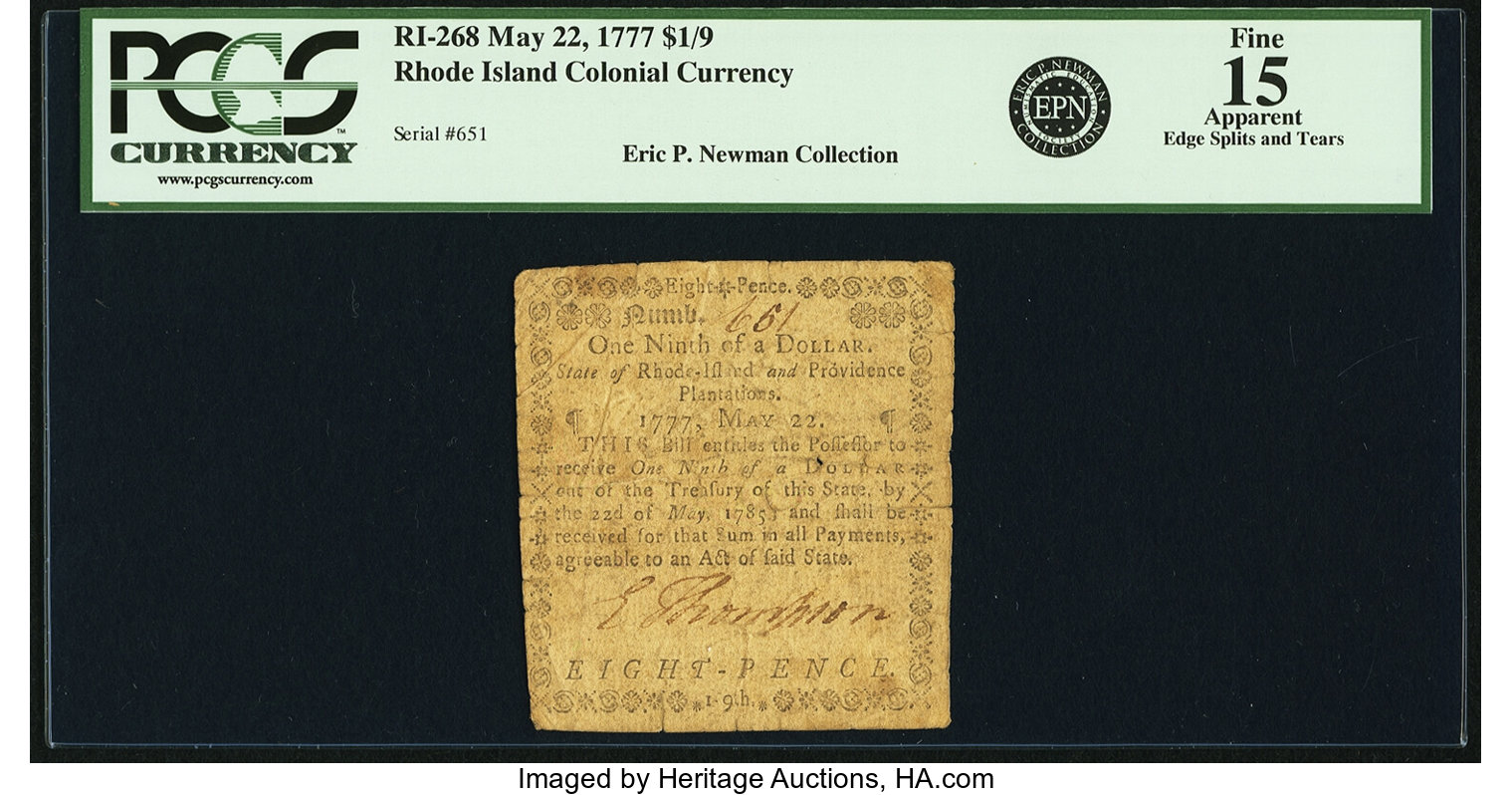 image for: Rhode Island May 22, 1777 $1/9 Fr. RI-268. PCGS Fine 15 Apparent....