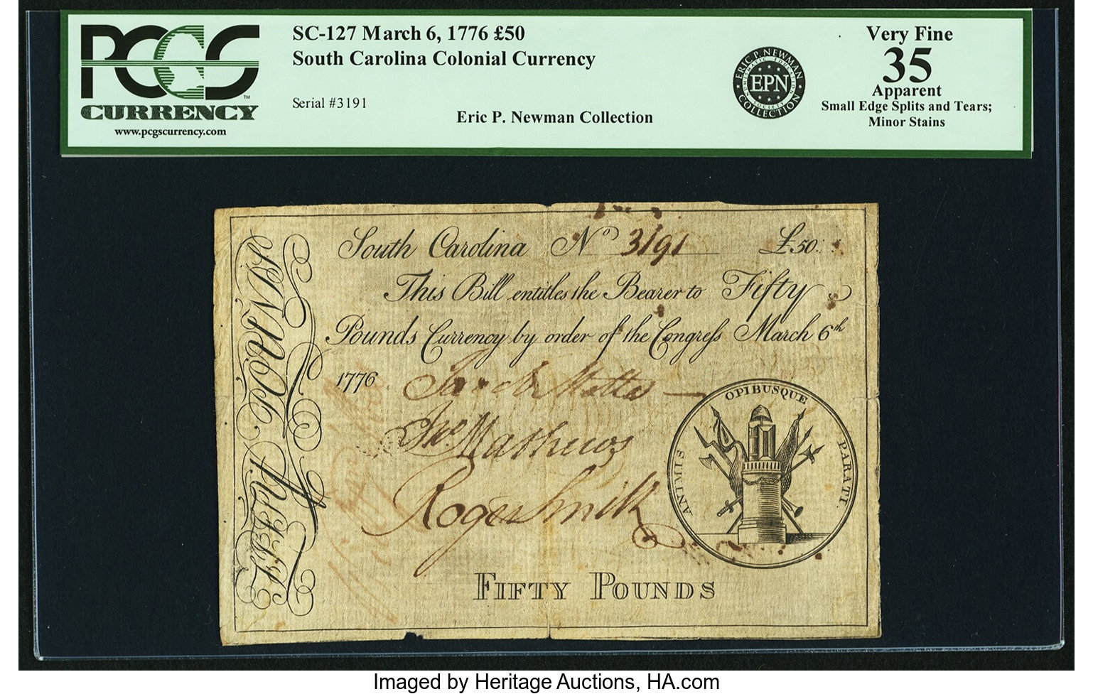 image for: South Carolina March 6, 1776 50 Pounds Fr. SC-127. PCGS Very Fine 35 Apparent....