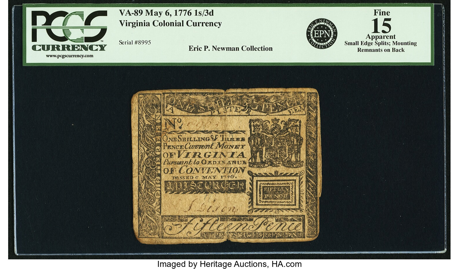 image for: Virginia May 6, 1776 1 Shilling 3 Pence Fr. VA-89. PCGS Fine 15 Apparent....