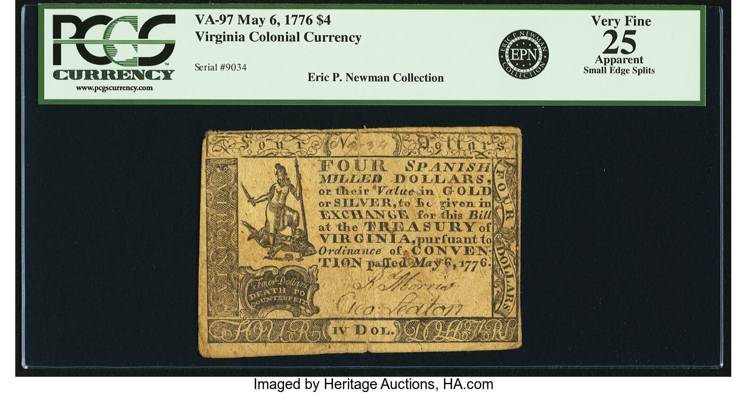 image for: Virginia May 6, 1776 $4 Fr. VA-97. PCGS Very Fine 25 Apparent....