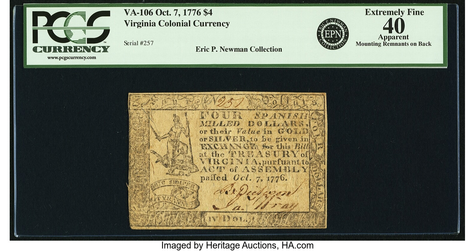 image for: Virginia October 7, 1776 $4 Fr. VA-106. PCGS Extremely Fine 40 Apparent....