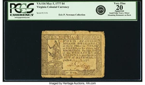 image for: Virginia May 5, 1777 $4 Fr. VA-116. PCGS Very Fine 20 Apparent....