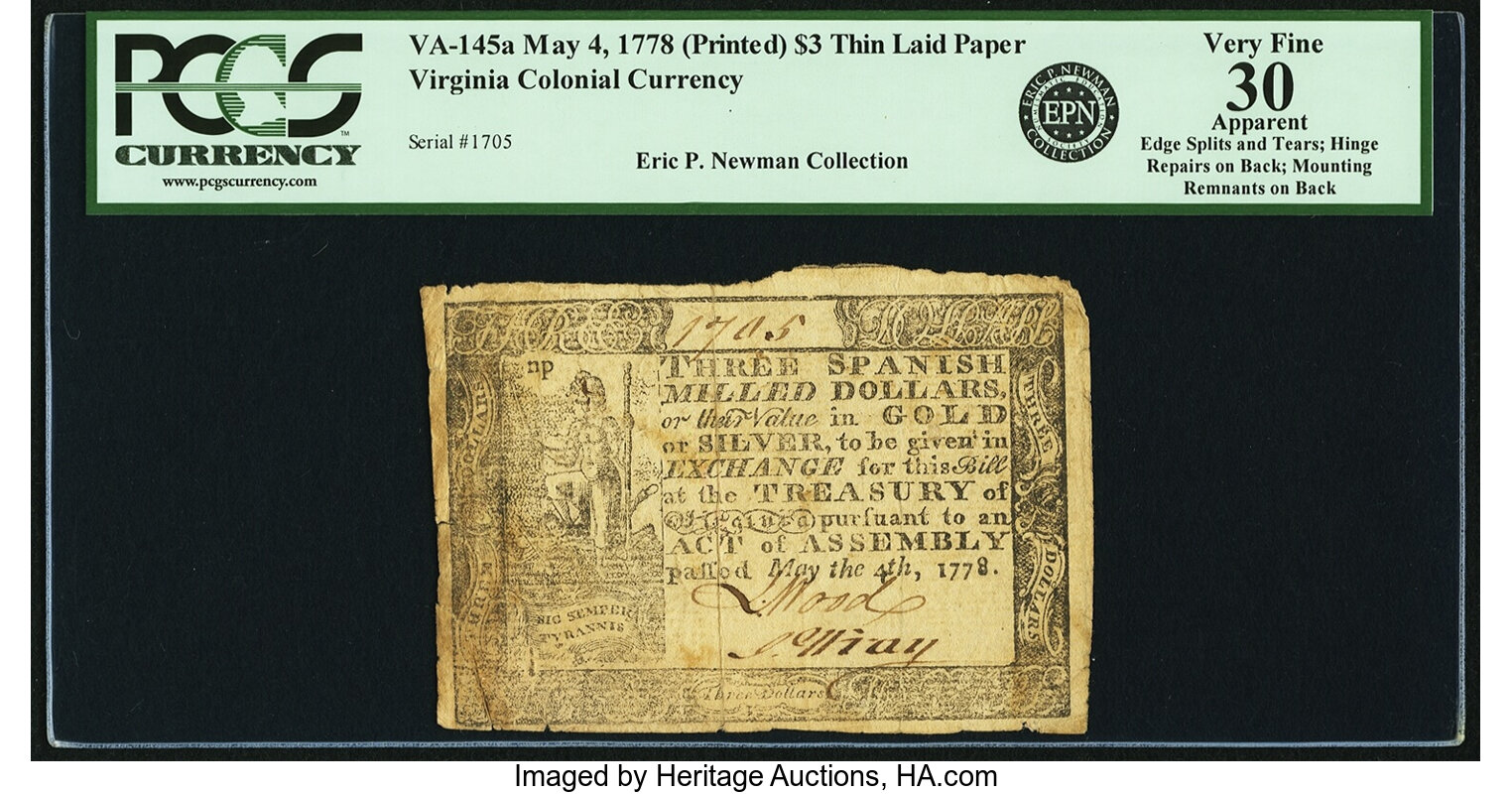 image for: Virginia May 4, 1778 Printed Date $3 Thin Paper Fr. VA-145a. PCGS Very Fine 30 Apparent....