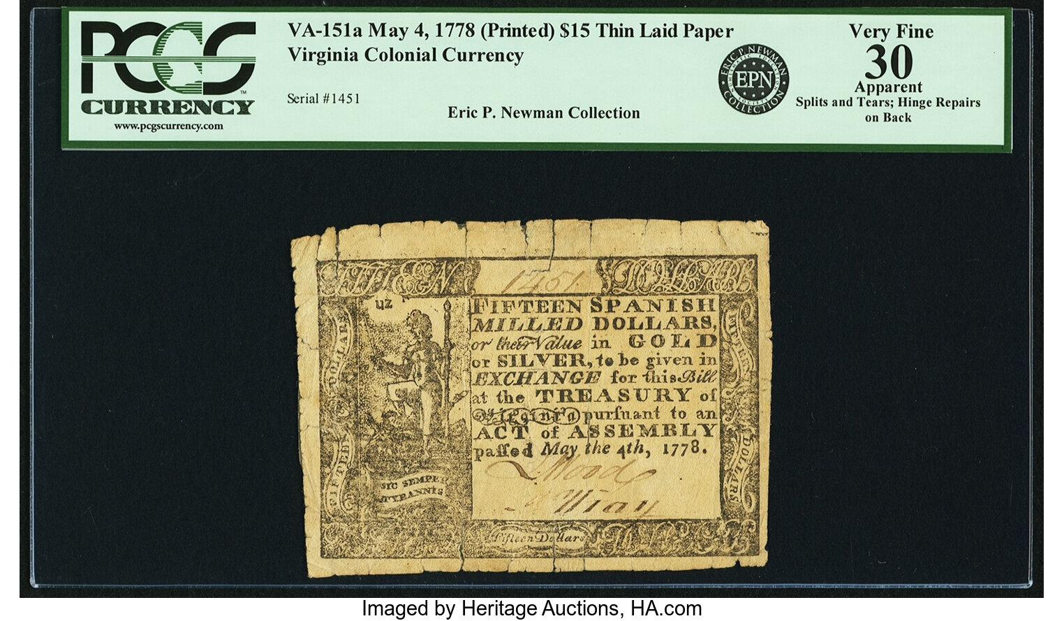 image for: Virginia May 4, 1778 Printed Date $15 Thin Paper Fr. VA-151a. PCGS Very Fine 30 Apparent....