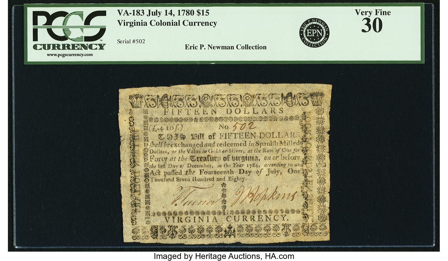 image for: Virginia July 14, 1780 $15 Fr. VA-183. PCGS Very Fine 30....