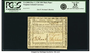 image for: Virginia March 1, 1781 $50 Thick Paper. Fr. VA-204b. PCGS Very Fine 35 Apparent....