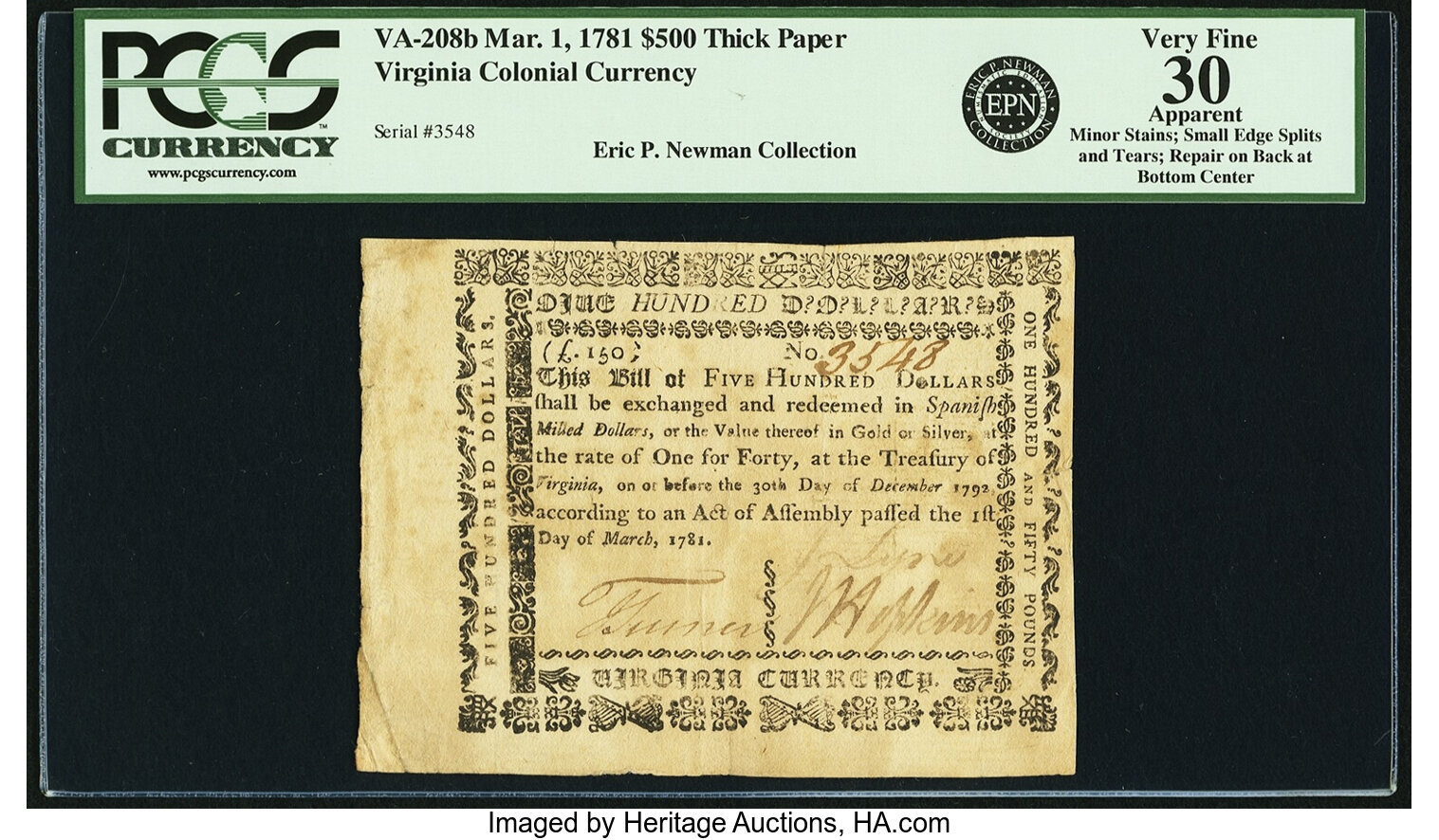 image for: Virginia March 1, 1781 $500 Thick Paper. Fr. VA-208b. PCGS Very Fine 30 Apparent....