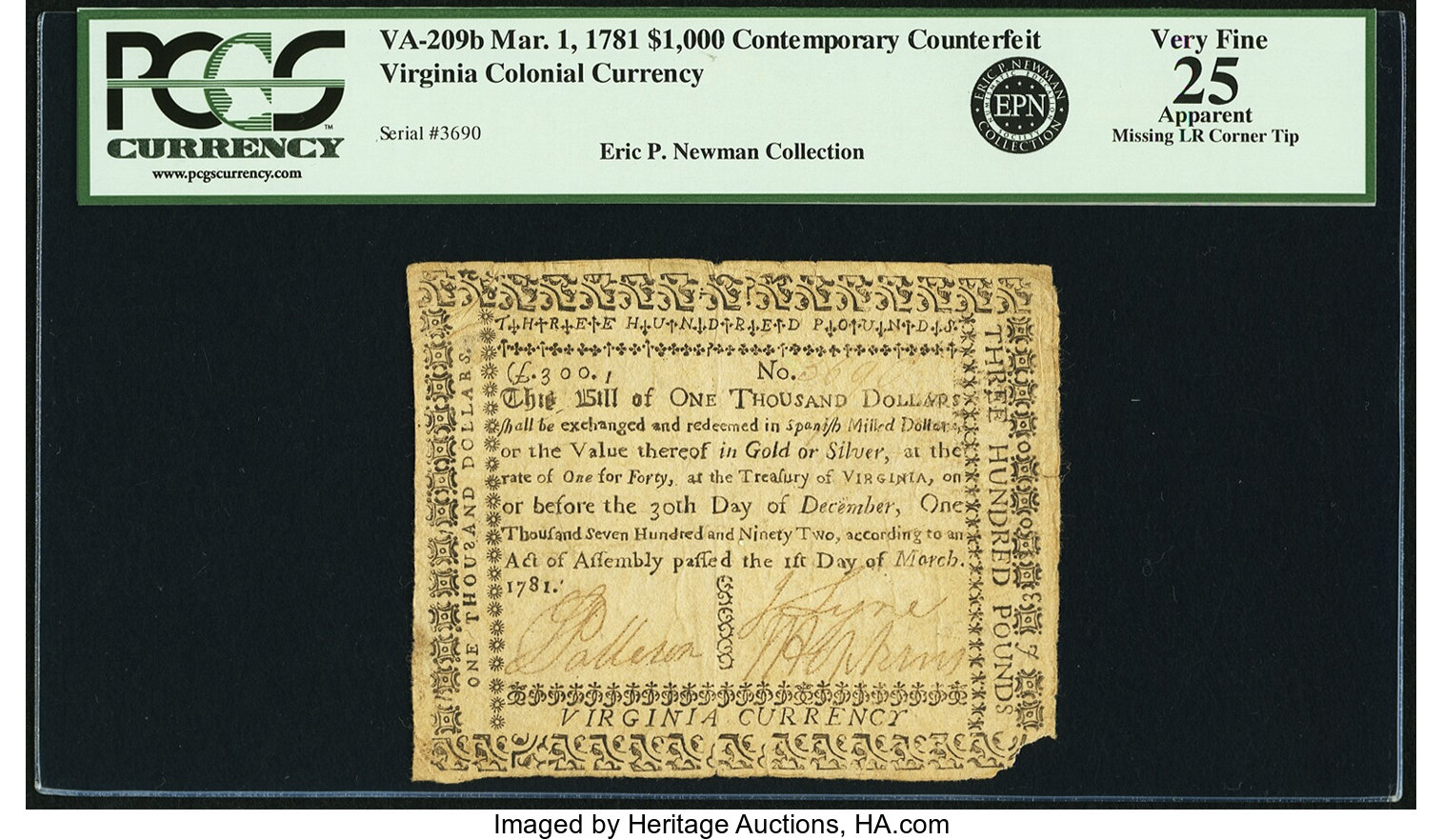 image for: Virginia March 1, 1781 $1000 Thick Paper Contemporary Counterfeit. Fr. VA-209b. PCGS Very Fine 25 Apparent....