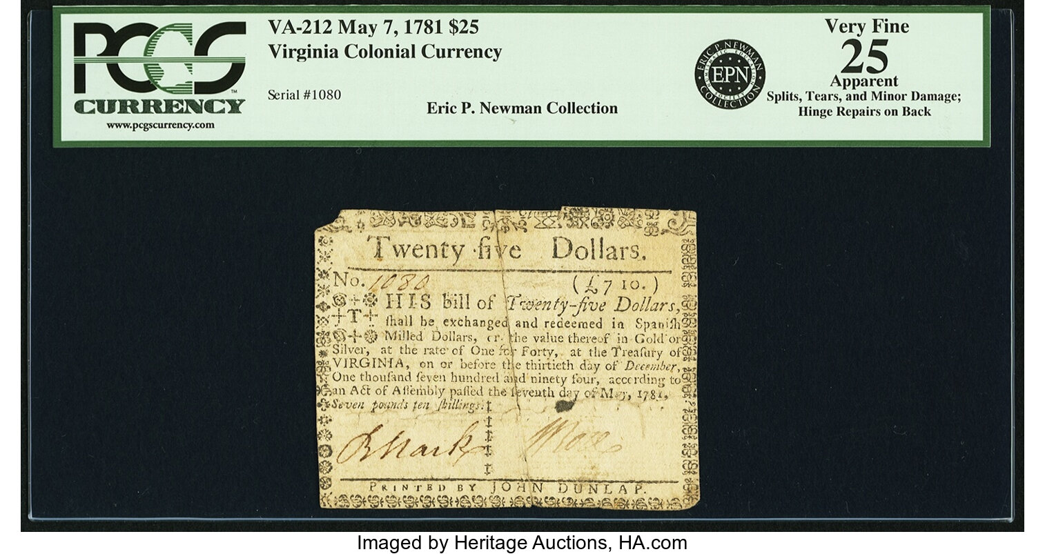 image for: Virginia May 7, 1781 $25 Fr. VA-212. PCGS Very Fine 25 Apparent....