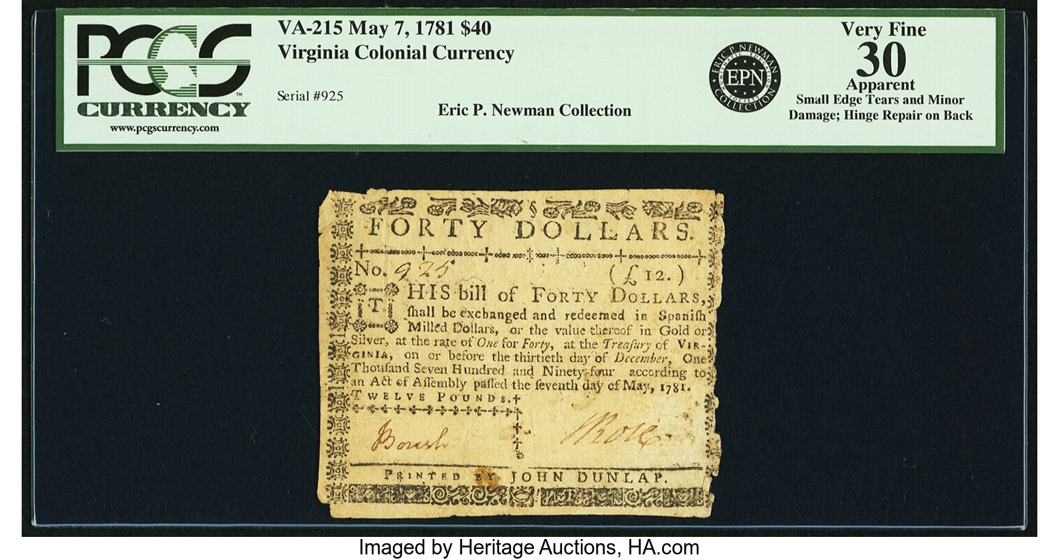image for: Virginia May 7, 1781 $40 Fr. VA-215. PCGS Very Fine 30 Apparent....