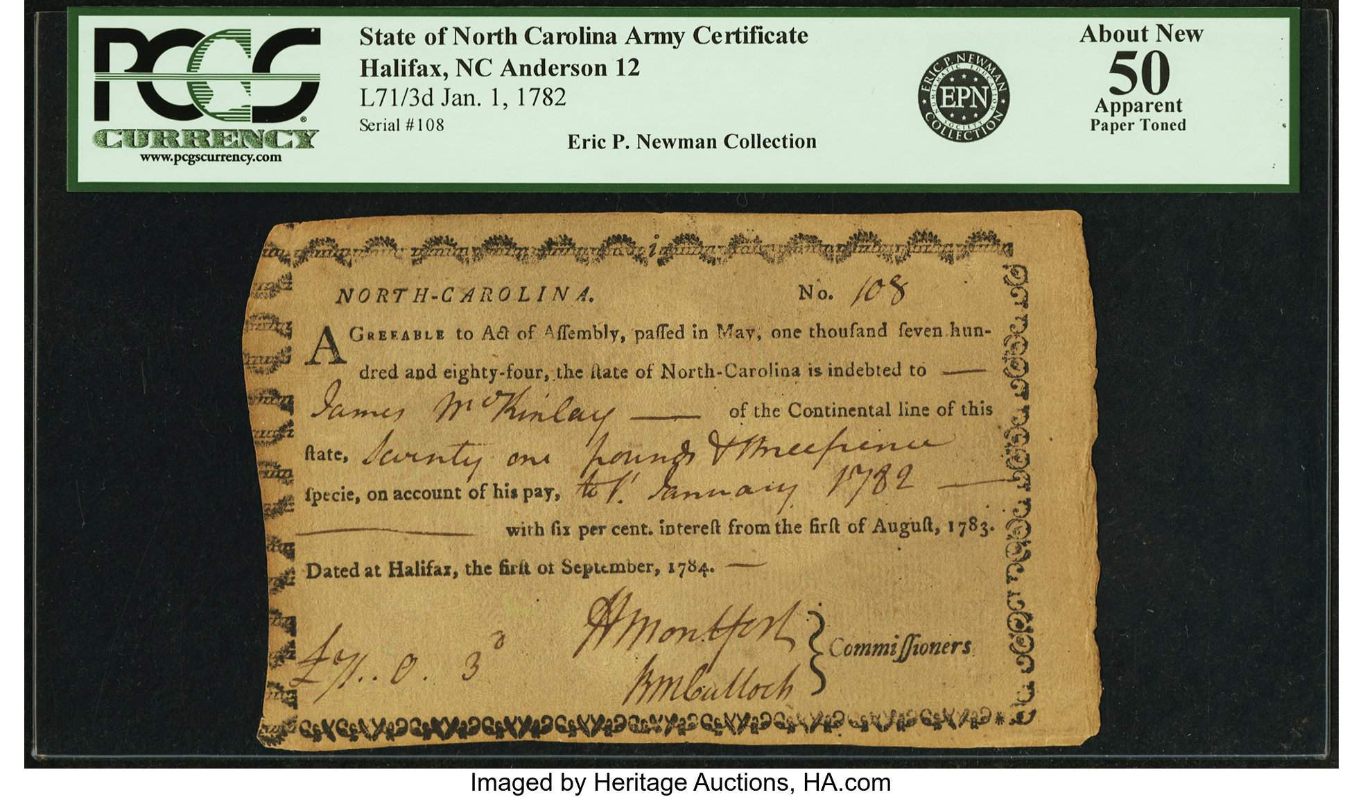 image for: North Carolina - Act of May, 1784 6% Interest to the Indebted of the Continental Line, dated at Halifax 71 Pounds 0 Shillings ...