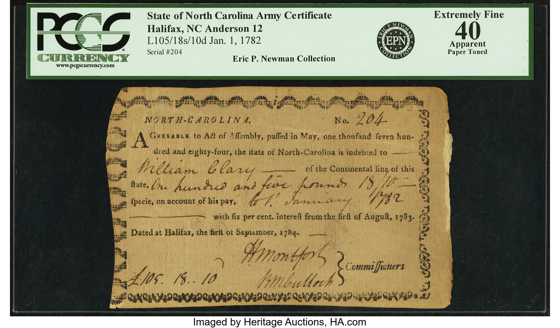 image for: North Carolina - Act of May, 1784 6% Interest to the Indebted of the Continental Line, dated at Halifax 105 Pounds 18 Shilling...