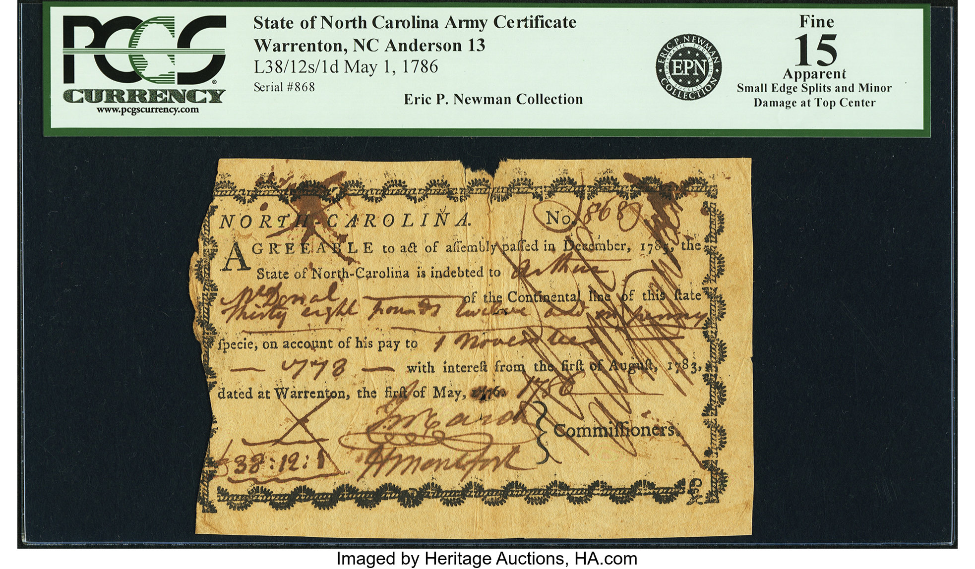 image for: North Carolina - Act of December, 1785 6% Interest to the Indebted of the Continental Line, dated at Warrenton 38 Pounds 12 Sh...