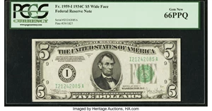 image for: Fr. 1959-I $5 1934C Federal Reserve Note. PCGS Gem New 66PPQ....