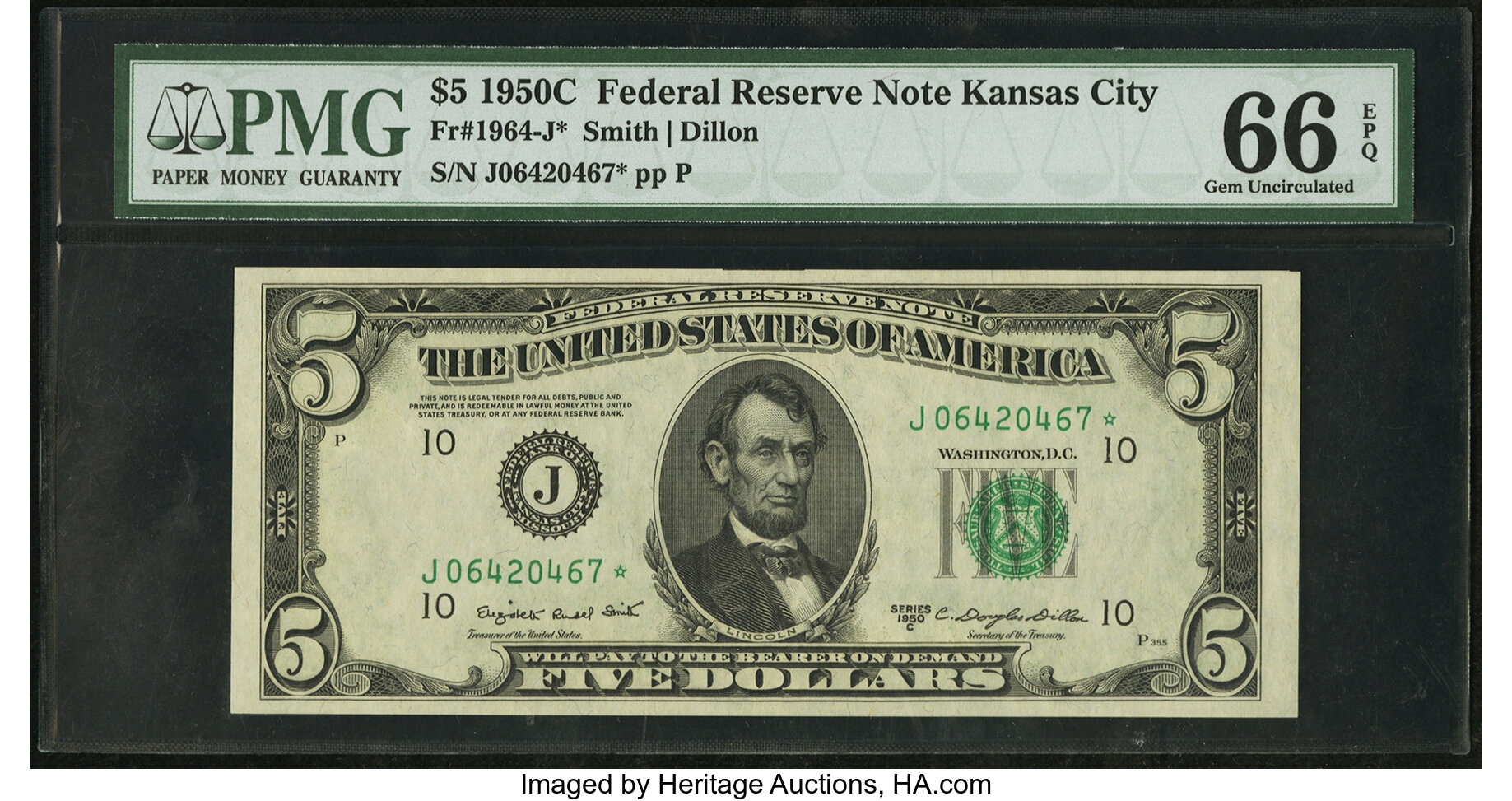 image for: Fr. 1964-J* $5 1950C Federal Reserve Note. PMG Gem Uncirculated 66 EPQ....