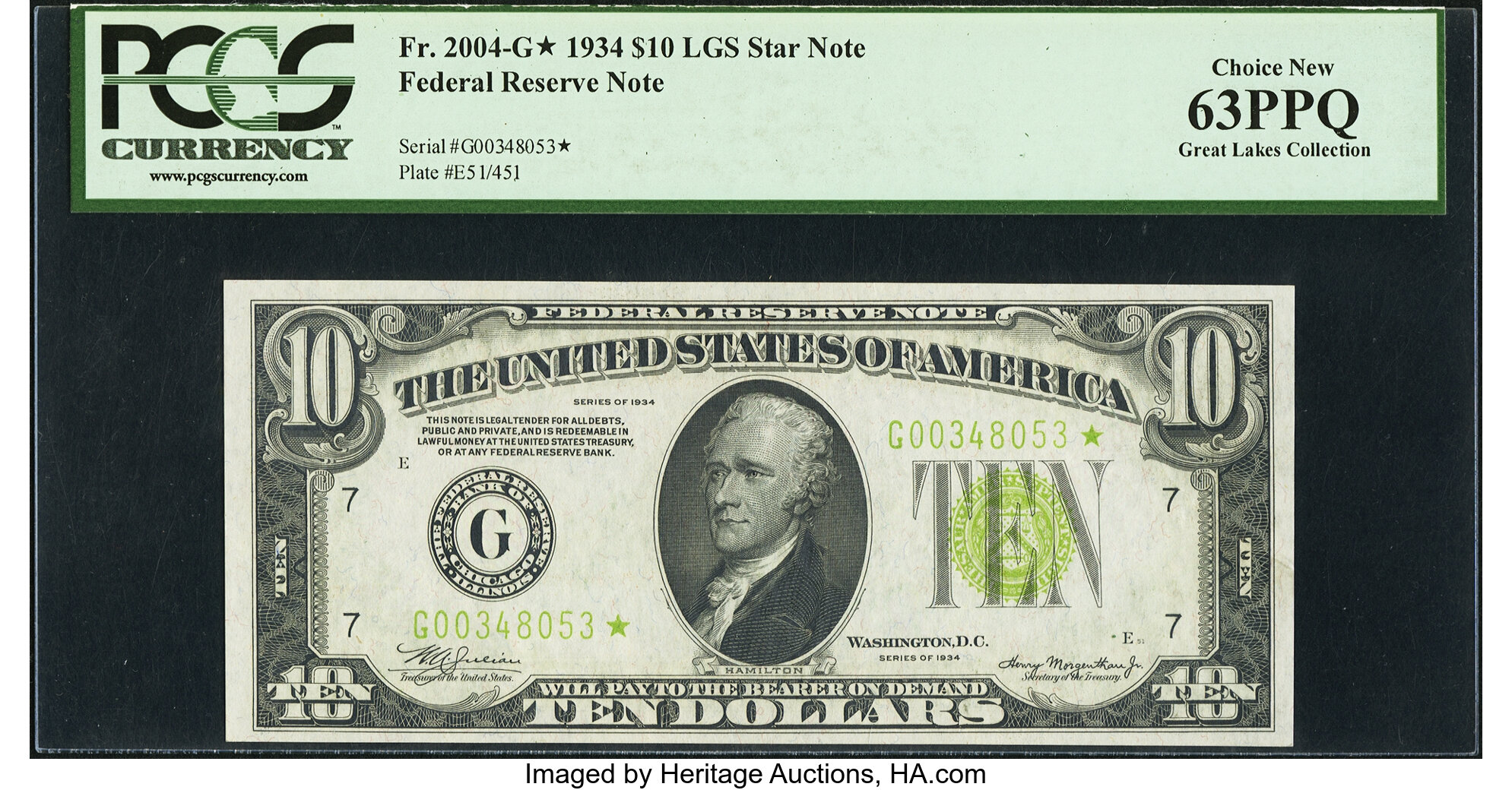 image for: Fr. 2004-G* $10 1934 Light Green Seal Federal Reserve Note. PCGS Choice New 63PPQ....