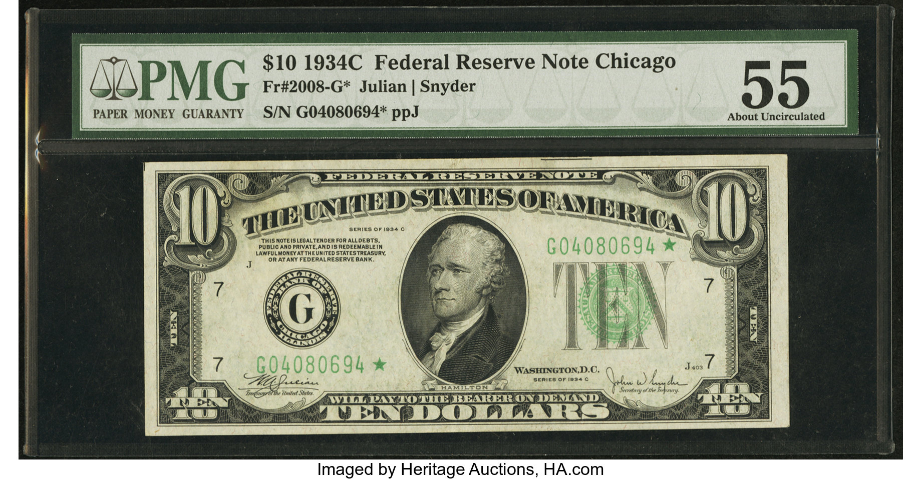 image for: Fr. 2008-G* $10 1934C Federal Reserve Note. PMG About Uncirculated 55....