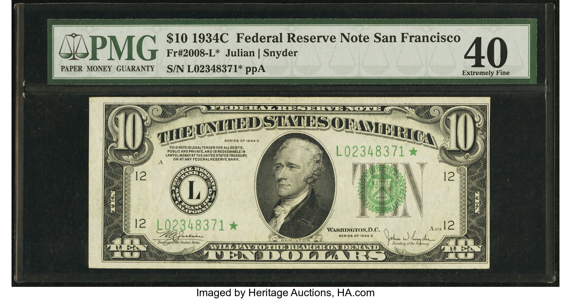 image for: Fr. 2008-L* $10 1934C Wide Federal Reserve Note. PMG Extremely Fine 40....