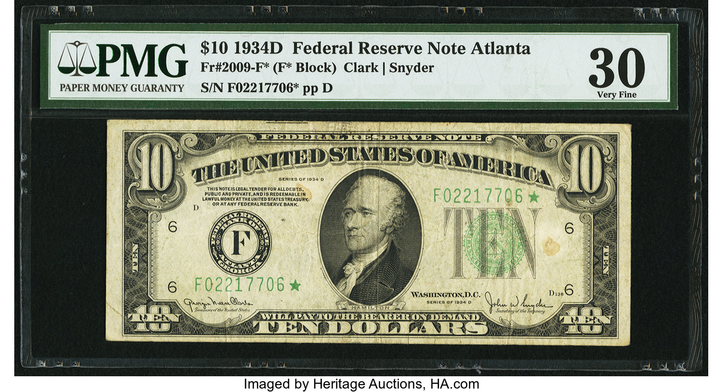 image for: Fr. 2009-F* $10 1934D Federal Reserve Note. PMG Very Fine 30....