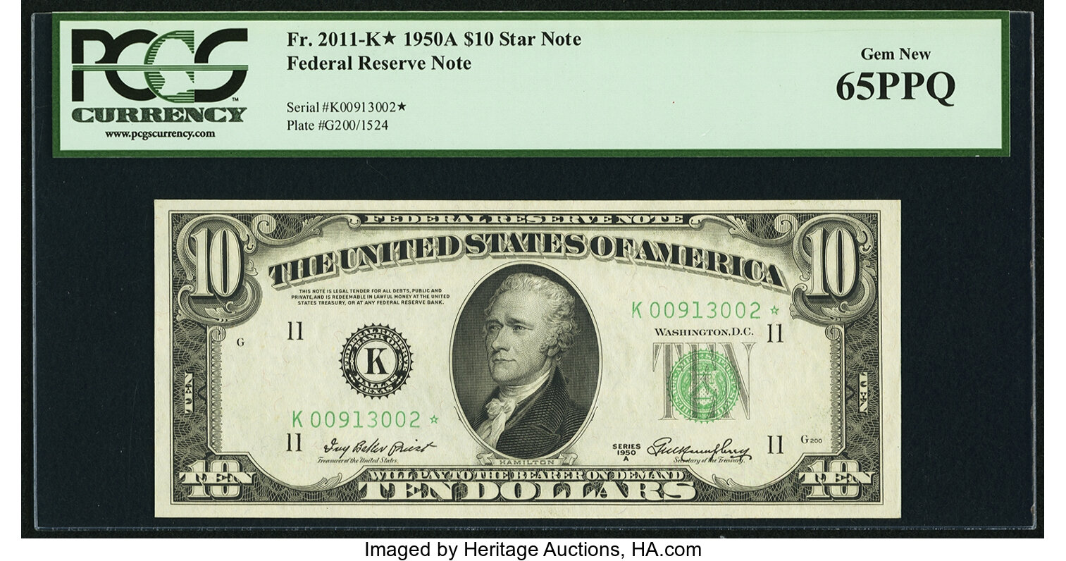 image for: Fr. 2011-K* $10 1950A Federal Reserve Note. PCGS Gem New 65PPQ....
