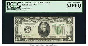 image for: Fr. 2058-C* $20 1934D Wide Federal Reserve Note. PCGS Very Choice New 64PPQ....