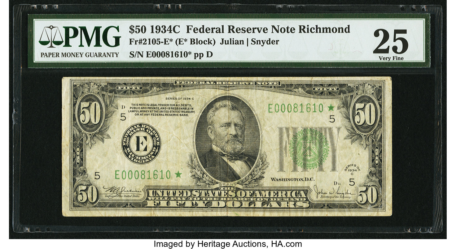 image for: Fr. 2105-E* $50 1934C Federal Reserve Note. PMG Very Fine 25....