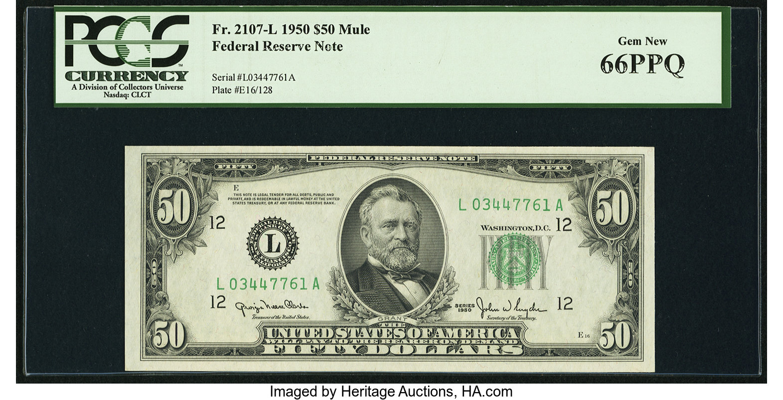 image for: Fr. 2107-L $50 1950 Federal Reserve Note. PCGS Gem New 66PPQ....