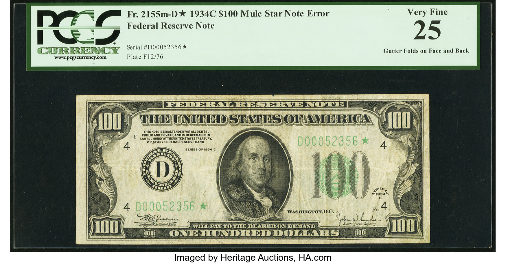 image for: Fr. 2155-D* $100 1934C Mule Federal Reserve Star Note. PCGS Very Fine 25....