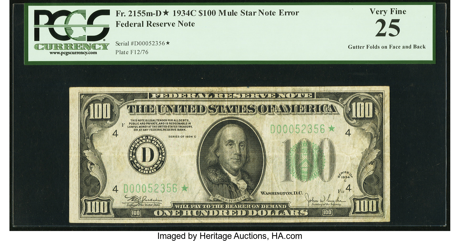 image for: Fr. 2155-D* $100 1934C Mule Federal Reserve Star Note. PCGS Very Fine 25....