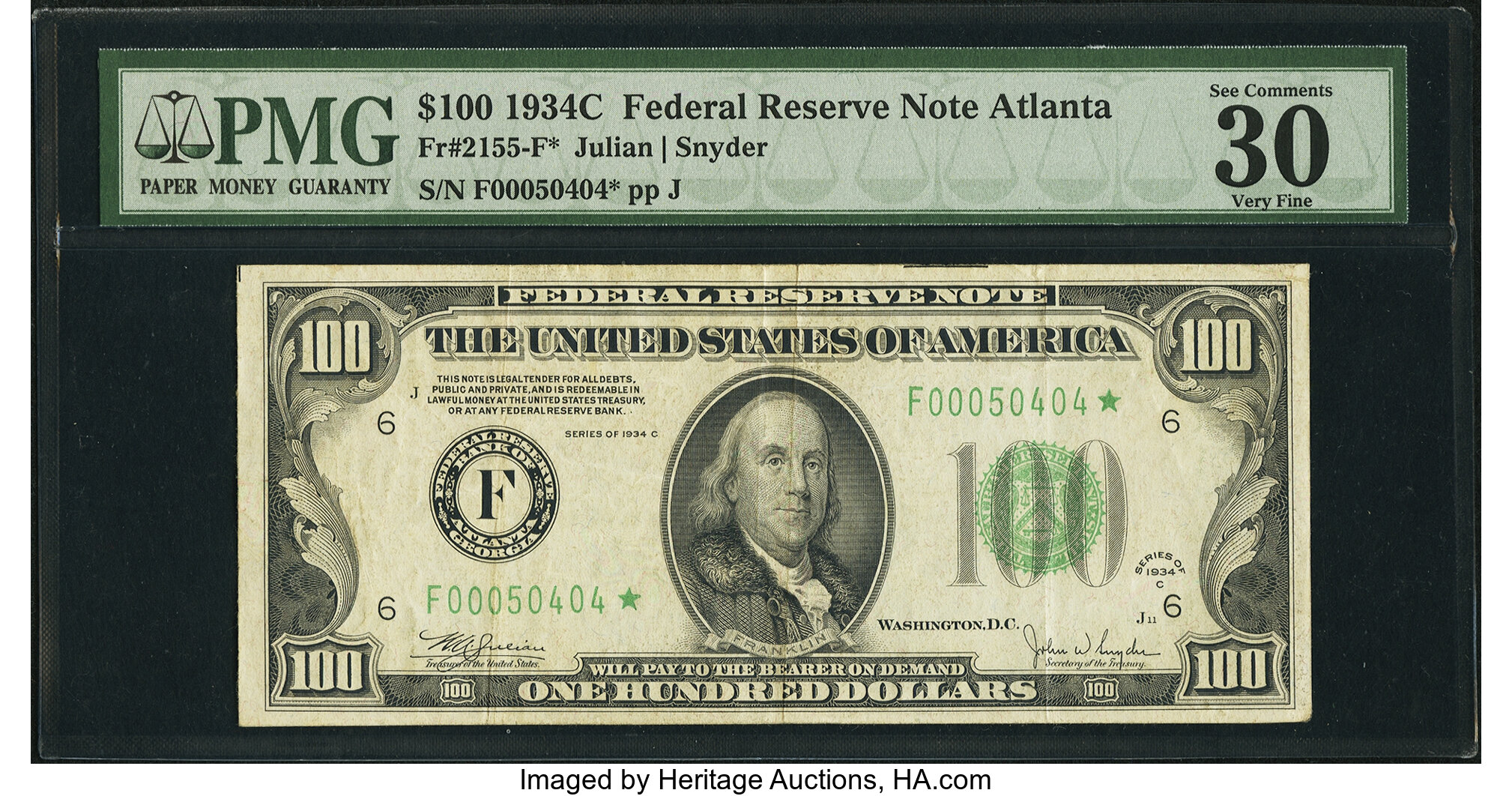 image for: Fr. 2155-F* $100 1934C Mule Federal Reserve Note. PMG Very Fine 30 EPQ....