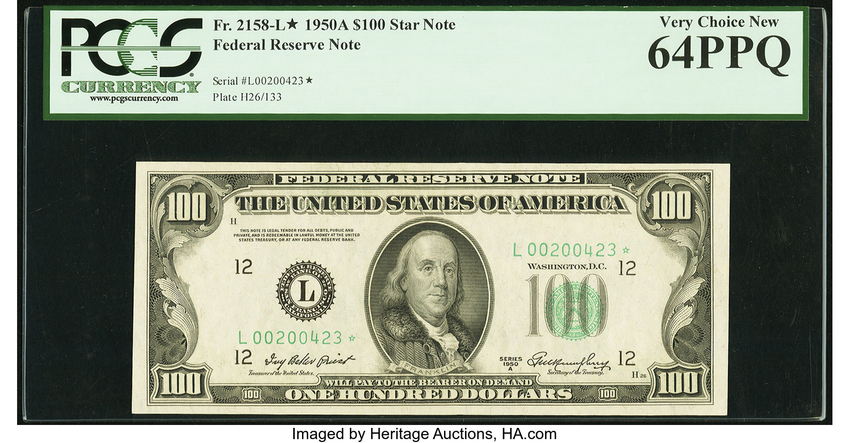 image for: Fr. 2158-L* $100 1950A Federal Reserve Note. PCGS Very Choice New 64PPQ....