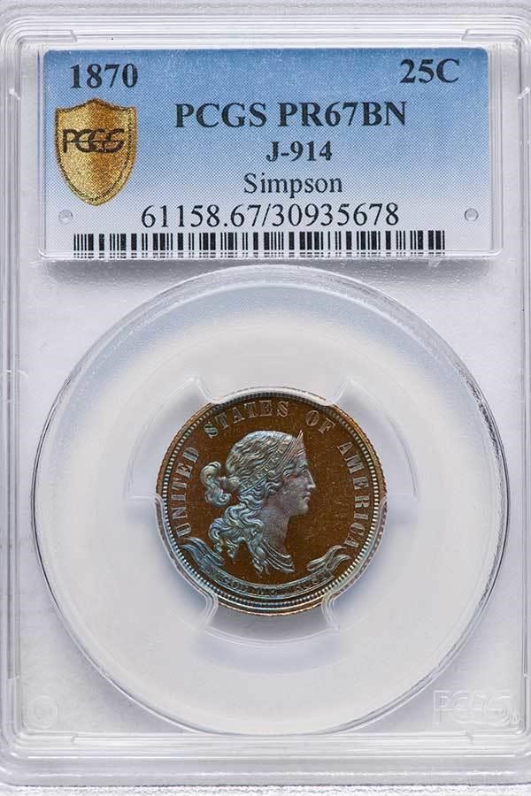 image for: 25C 1870 J-914. PCGS PR67 BN EX SIMPSON