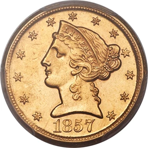 image for: 1857-D $5 MS62 PCGS. Variety 42-HH....