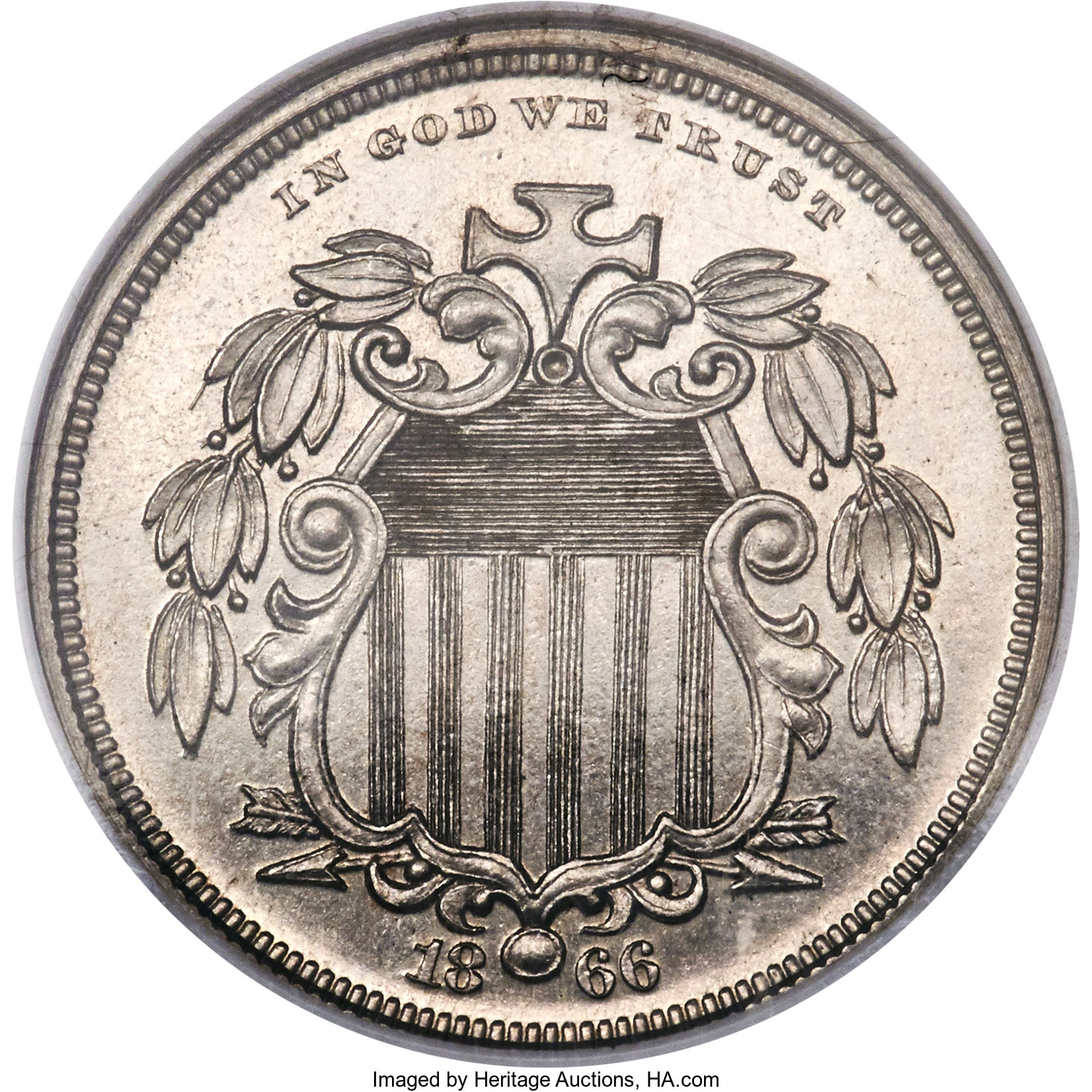 image for: 1866 5C Shield Five Cents, Judd-497, Pollock-583, High R.7, PR64 NGC....