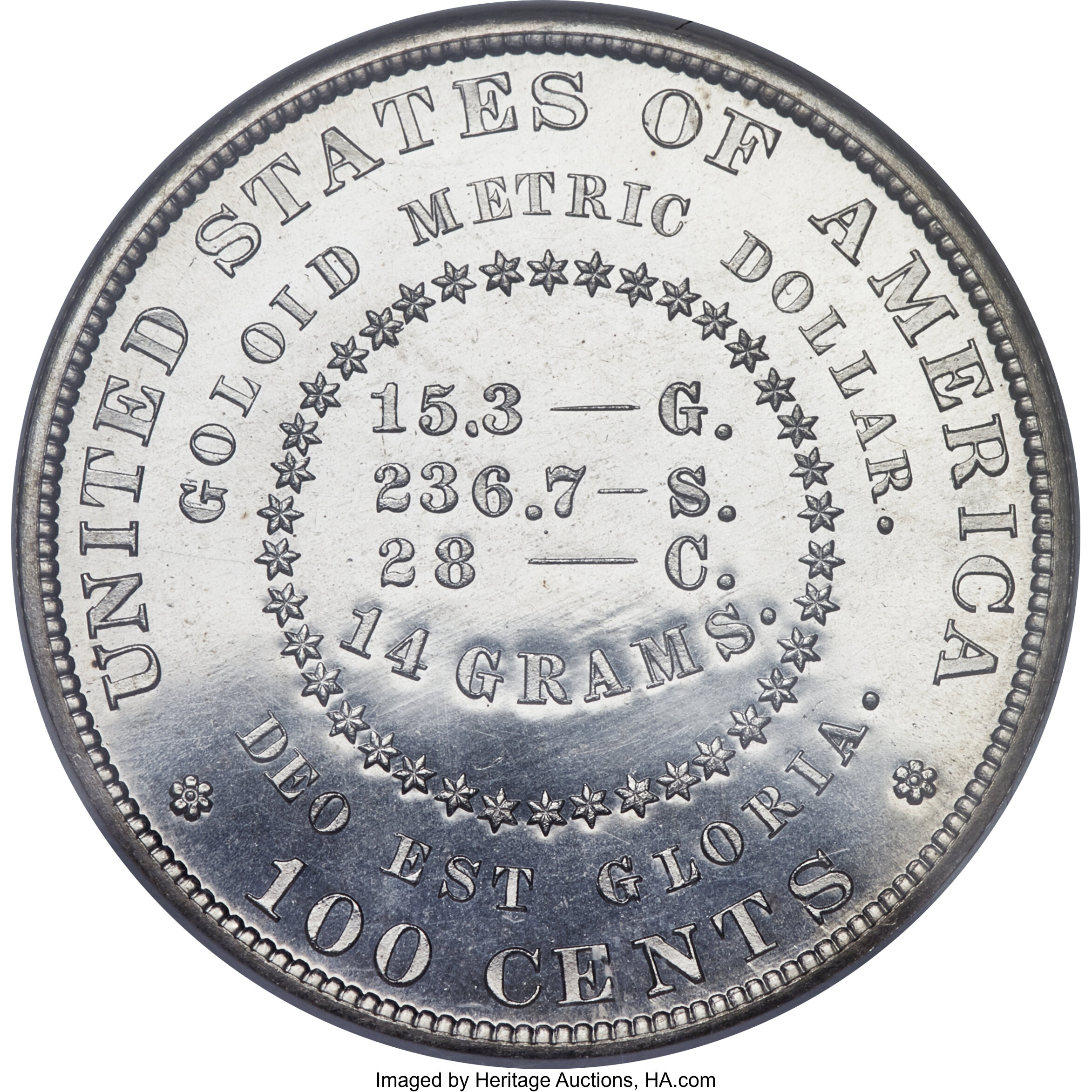 image for: 1879 $1 Goloid Metric Dollar, Judd-1626, Pollock-1822, R.4, PR66 NGC....