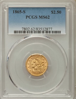 image for: 1865-S $2 1/2 MS62 PCGS....